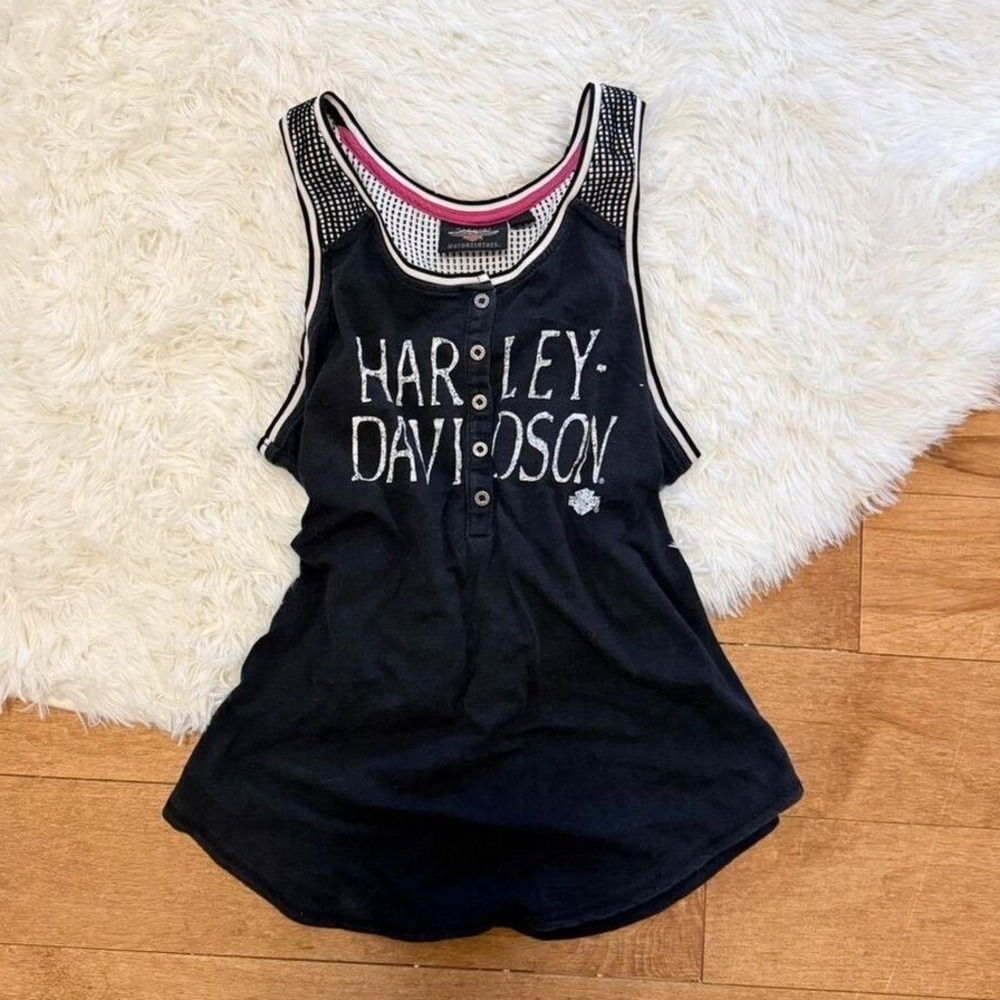 Harley-Davidson Womens Black Mesh Back Henley Tank Top 96143-18VW Size L